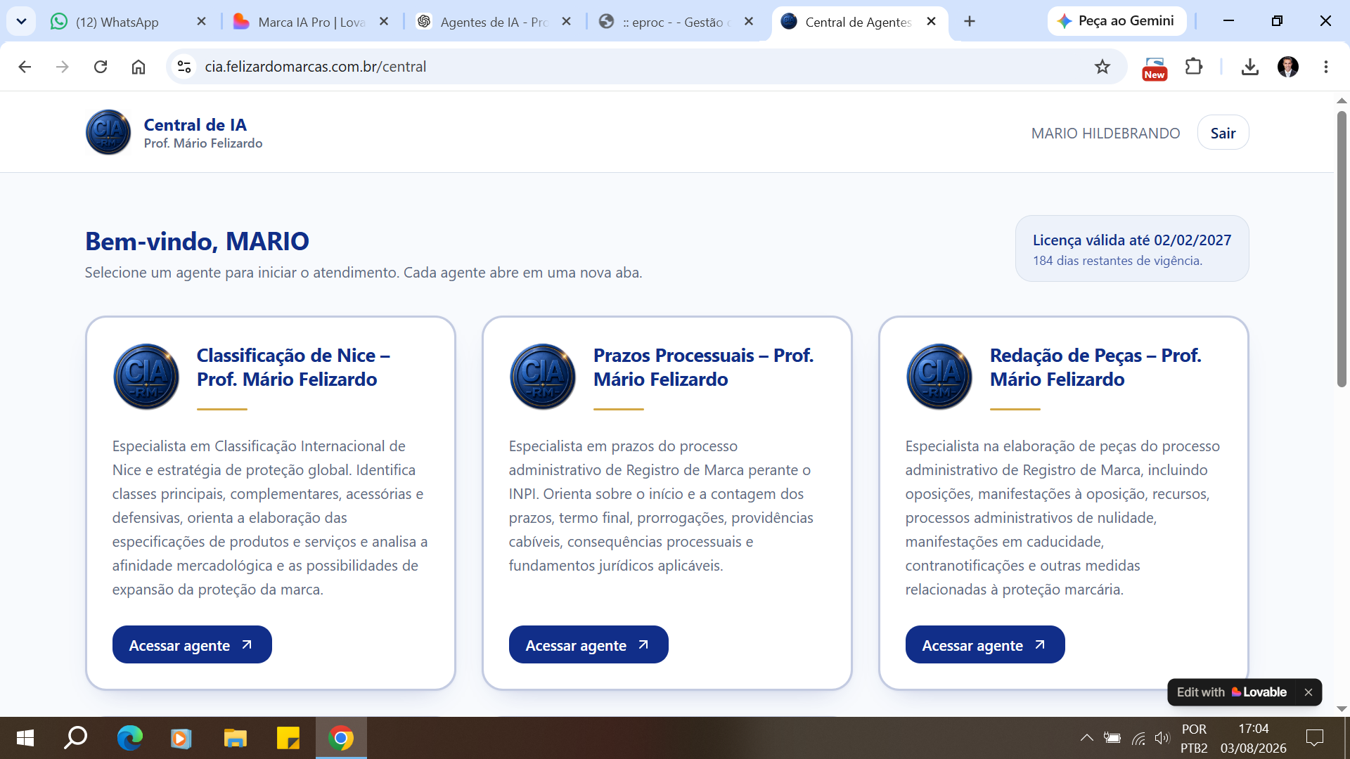 Tela da Central de Inteligência Artificial com os agentes disponíveis para consultores em Registro de Marca
